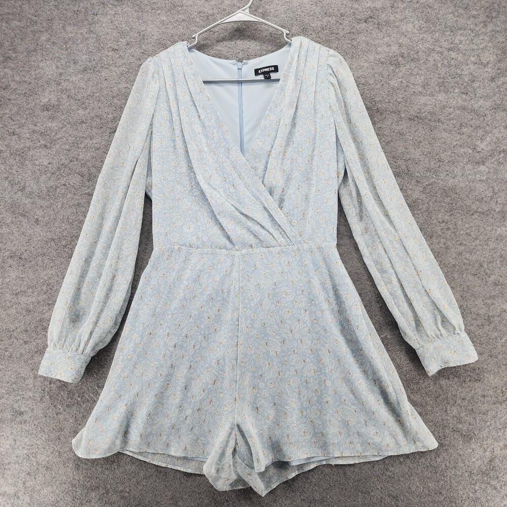 Express Romper Womens Small Long Sleeve V Neck Blue Floral